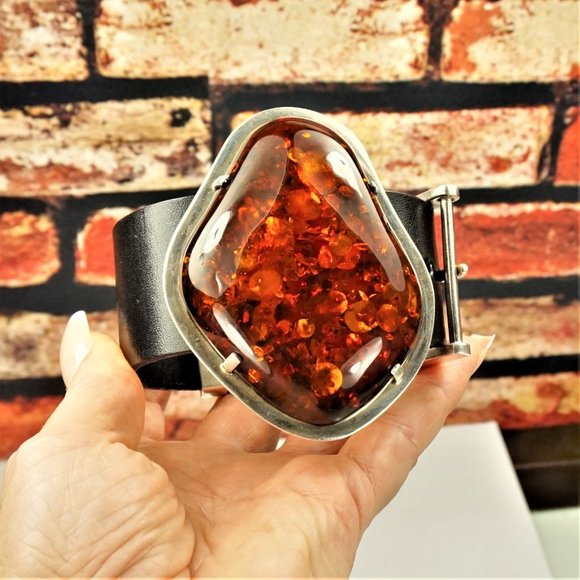 SUPER HUGE AMBER STERLING LEATHER RARE BRACELET 9 BY AMBERMODA UNISEX - Picture 7 of 16